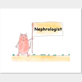 Nephrologist. Profession, work, job. Cat shows a banner with the inscription. Watercolor illustration. A gift for a professional. Posters and Art